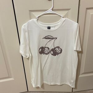 SHEIN White Cherry Print Short Sleeve Tee